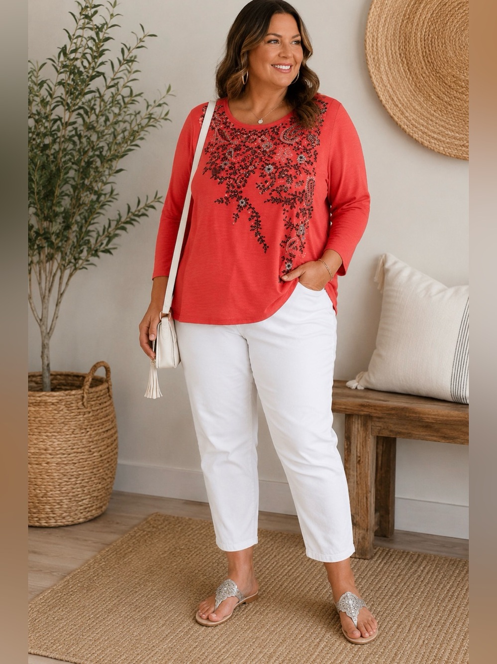Soft Surroundings Women’s Coral paisley Embroidered Long-Sleeve Top XL